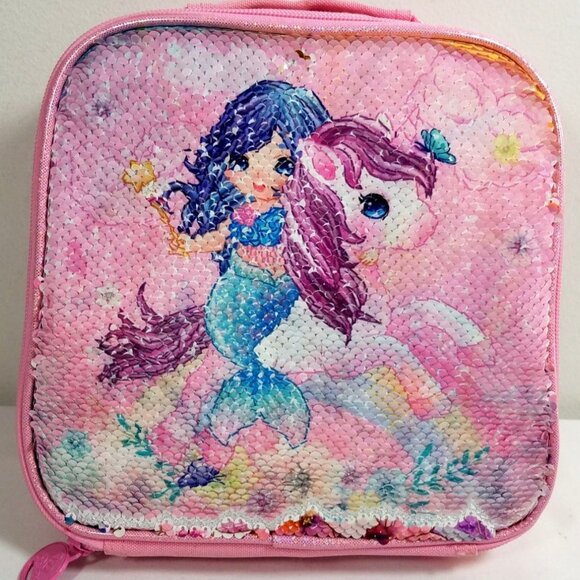Unicorn Mermaid Pink Reversible Sequin Insulated Lunch Bag For Girls - Picture 2 of 9